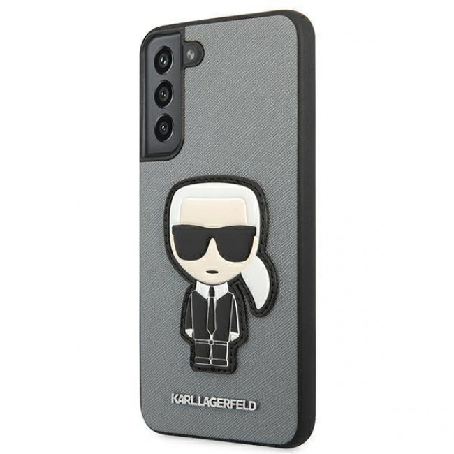 Karl Lagerfeld Samsung Galaxy S22 Plus - Saffiano Ikonik Karl's Head Patch Σκληρή Θήκη με Επένδυση Συνθετικού Δέρματος και Πλαίσιο Σιλικόνης - Grey - KLHCS22MOKPG