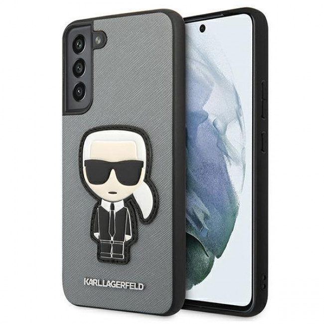 Karl Lagerfeld Samsung Galaxy S22 Plus - Saffiano Ikonik Karl's Head Patch Σκληρή Θήκη με Επένδυση Συνθετικού Δέρματος και Πλαίσιο Σιλικόνης - Grey - KLHCS22MOKPG