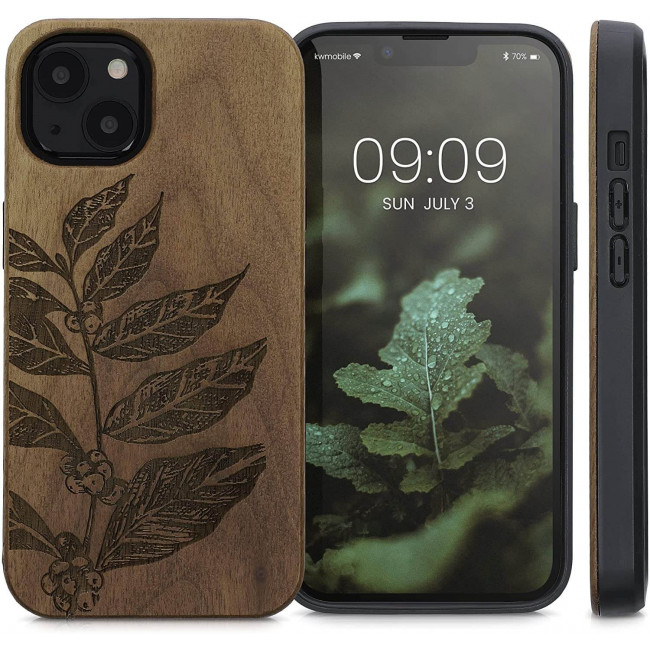 KW iPhone 13 Θήκη από Φυσικό Ξύλο Design Leaf Branch - Dark Brown - 55953.09