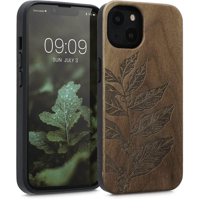 KW iPhone 13 Θήκη από Φυσικό Ξύλο Design Leaf Branch - Dark Brown - 55953.09