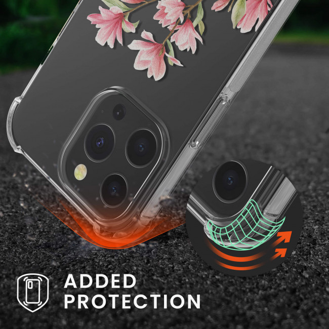 KW iPhone 13 Pro Θήκη Σιλικόνης TPU με Λουράκι Design Magnolias - Διάφανη / Light Pink / White - 55965.03