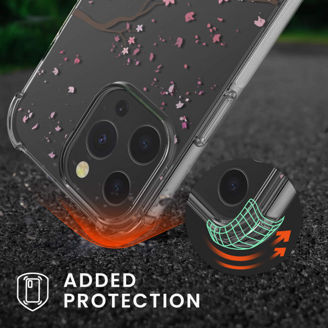 KW iPhone 13 Pro Θήκη Σιλικόνης TPU με Λουράκι Design Cherry Blossom Petals - Διάφανη / Light Pink - 55965.02