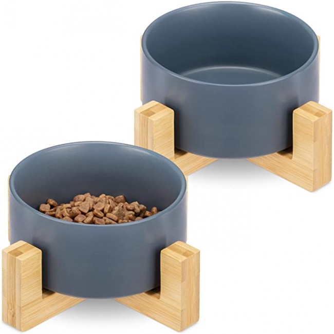 Navaris Cat Bowls with Wood Stands - Σετ με 2 Μπολ Φαγητού και Νερού με Βάση από Μπαμπού για Κατοικίδια - 550ml - Matte Blue / Brown - 48350.1.04