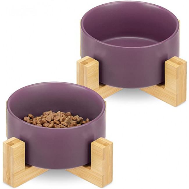 Navaris Cat Bowls with Wood Stands - Σετ με 2 Μπολ Φαγητού και Νερού με Βάση από Μπαμπού για Κατοικίδια - 550ml - Matte Purple / Brown - 48350.1.38