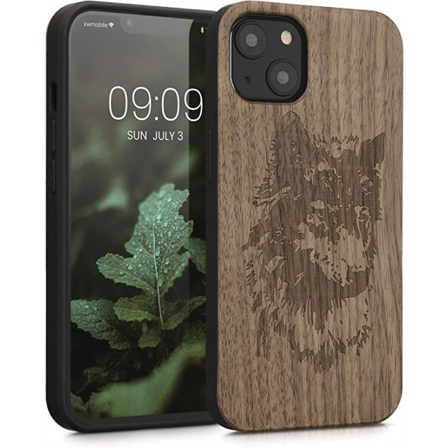 KW iPhone 13 Θήκη από Φυσικό Ξύλο - Design Wolf Head - Brown / Dark Brown - 55953.10