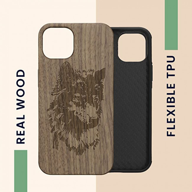 KW iPhone 13 Θήκη από Φυσικό Ξύλο - Design Wolf Head - Brown / Dark Brown - 55953.10