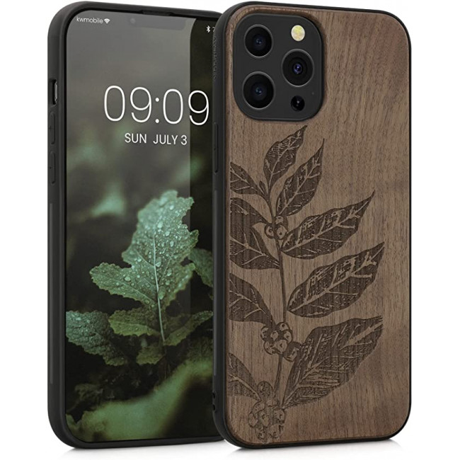 KW iPhone 13 Pro Max Θήκη από Φυσικό Ξύλο Design Leaves and Berries - Dark Brown - 55980.09