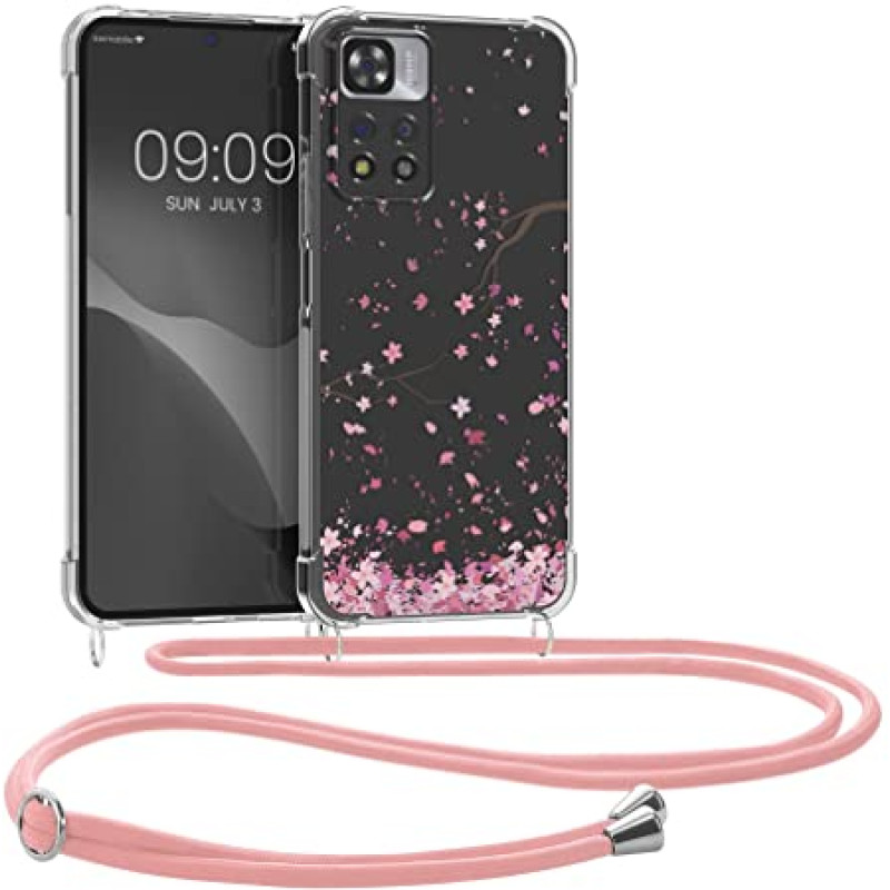 KW Xiaomi Redmi Note 11 Pro+ 5G Θήκη Σιλικόνης TPU με Λουράκι Design Cherry Blossoms - Pink / Dark Brown / Διάφανη - 58101.01