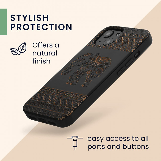 KW iPhone 13 Θήκη από Φυσικό Ξύλο - Design Wood Elephant With Pattern - Light Brown / Black - 55953.11