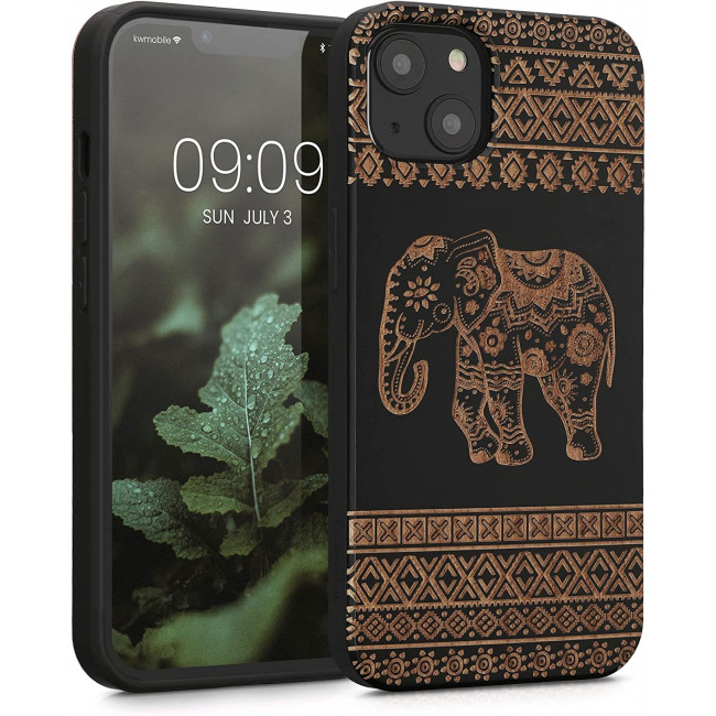 KW iPhone 13 Θήκη από Φυσικό Ξύλο - Design Wood Elephant With Pattern - Light Brown / Black - 55953.11