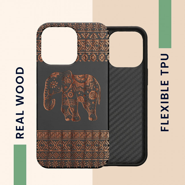 KW iPhone 13 Pro Θήκη από Φυσικό Ξύλο - Design Wood Elephant With Pattern - Light Brown / Black - 55967.10