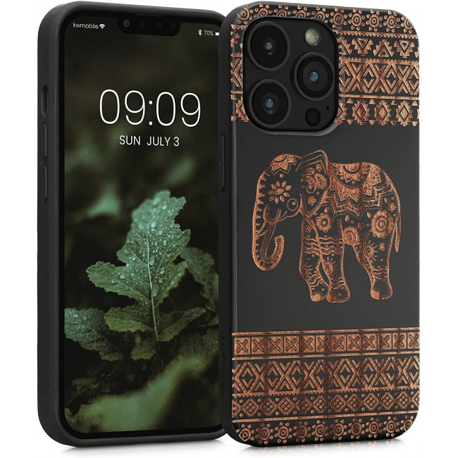 KW iPhone 13 Pro Θήκη από Φυσικό Ξύλο - Design Wood Elephant With Pattern - Light Brown / Black - 55967.10