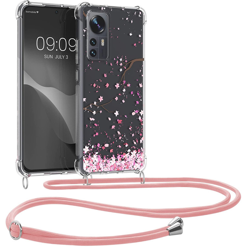 KW Xiaomi 12 / 12X Θήκη Σιλικόνης TPU με Λουράκι Design Cherry Blossoms - Pink / Dark Brown / Διάφανη - 58199.01