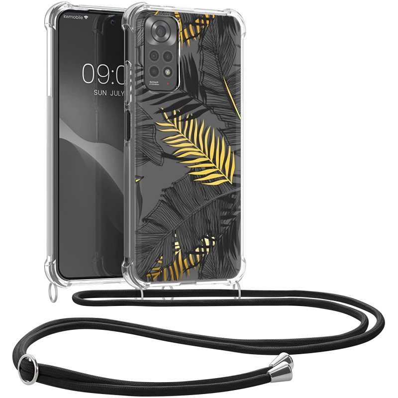 KW Xiaomi Redmi Note 11 / Redmi Note 11S Θήκη Σιλικόνης TPU με Λουράκι - Design Palm Leaves - Yellow / Grey - Διάφανη - 58196.02