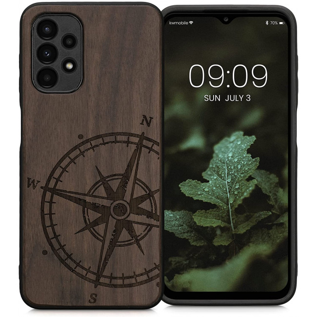 KW Samsung Galaxy A13 4G Θήκη από Φυσικό Ξύλο - Design Navigational Compass - Dark Brown - 58315.02