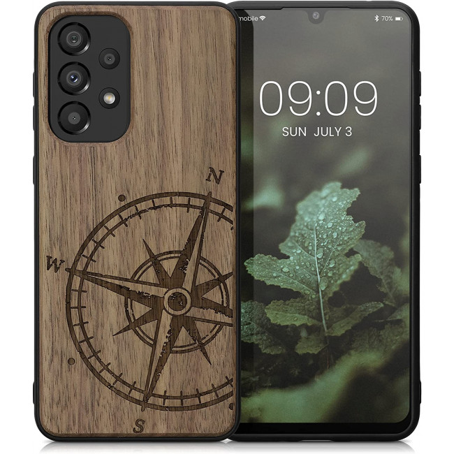 KW Samsung Galaxy A33 5G Θήκη από Φυσικό Ξύλο - Design Navigational Compass - Dark Brown - 58316.02