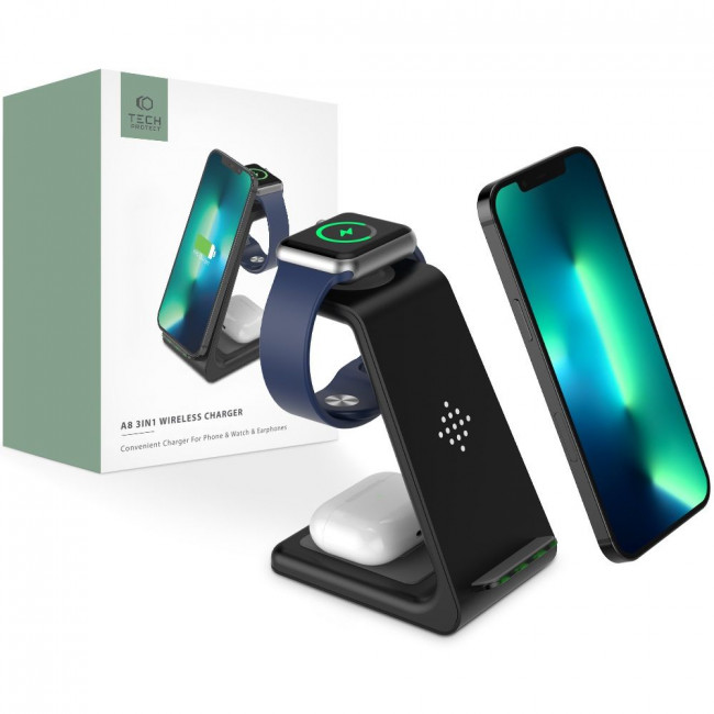 Tech-Protect A8 3in1 Ασύρματος Φορτιστής Qi Charge για Smartphones, Airpods και Apple Watch - Black