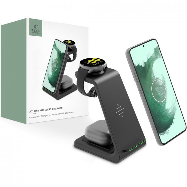 Tech-Protect A7 3in1 Ασύρματος Φορτιστής Qi Charge για Smartphones, Airpods και Galaxy Watch - Black