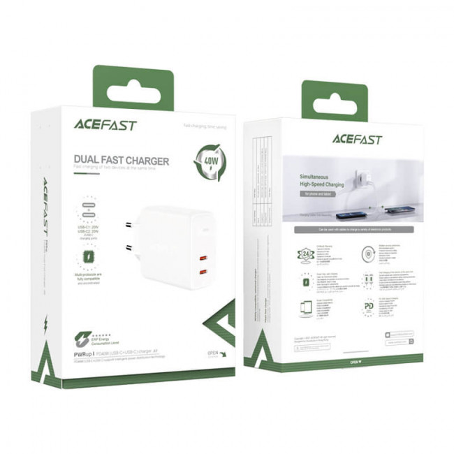 Acefast A9 Quick Charger 40W Οικιακός Φορτιστής Γρήγορης Φόρτισης με 2 Θύρες Type-C - White