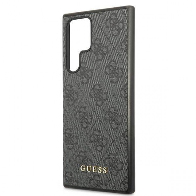 Guess Samsung Galaxy S22 Ultra - 4G Metal Gold Logo Σκληρή Θήκη με Επένδυση Συνθετικού Δέρματος - Grey - GUHCS22LG4GFGR