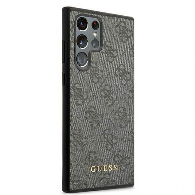 Guess Samsung Galaxy S22 Ultra - 4G Metal Gold Logo Σκληρή Θήκη με Επένδυση Συνθετικού Δέρματος - Grey - GUHCS22LG4GFGR