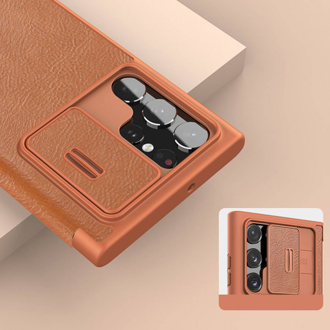 Nillkin Samsung Galaxy S22 Ultra Qin Leather Pro Flip Book Case with Camera Protection Θήκη Βιβλίο με Κάλυμμα για την Κάμερα - Brown