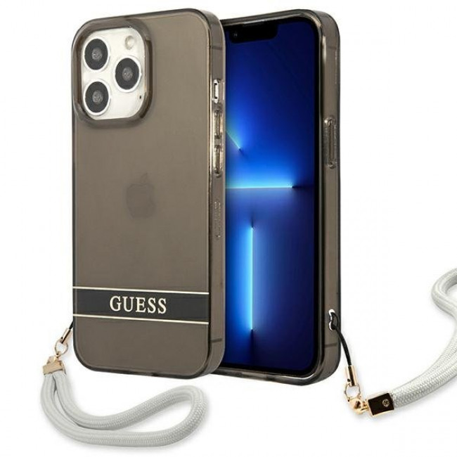 Guess iPhone 13 Pro Max Translucent Strap Σκληρή Θήκη με Λουράκι - Black / Ημιδιάφανη - GUHCP13XHTSGSK