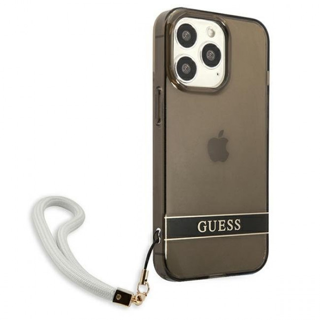 Guess iPhone 13 Pro Max Translucent Strap Σκληρή Θήκη με Λουράκι - Black / Ημιδιάφανη - GUHCP13XHTSGSK