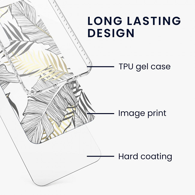 KW Samsung Galaxy A53 5G Σκληρή Θήκη με Πλαίσιο Σιλικόνης - Design Palm Leaves - Διάφανη / Gold / Grey - 58368.01