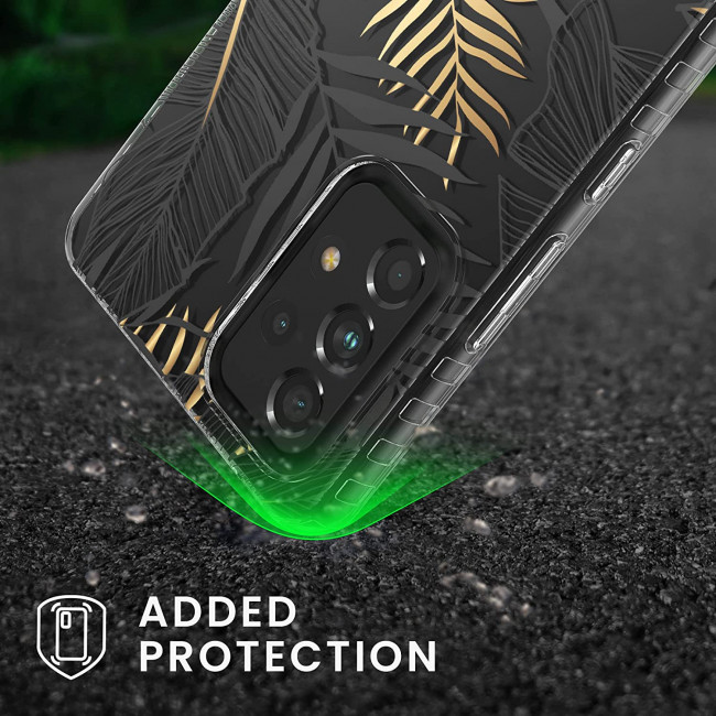 KW Samsung Galaxy A53 5G Σκληρή Θήκη με Πλαίσιο Σιλικόνης - Design Palm Leaves - Διάφανη / Gold / Grey - 58368.01