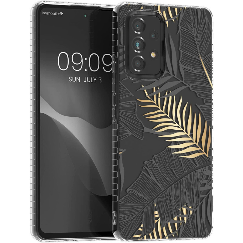 KW Samsung Galaxy A53 5G Σκληρή Θήκη με Πλαίσιο Σιλικόνης - Design Palm Leaves - Διάφανη / Gold / Grey - 58368.01