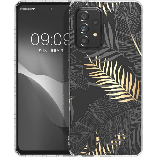 KW Samsung Galaxy A53 5G Σκληρή Θήκη με Πλαίσιο Σιλικόνης - Design Palm Leaves - Διάφανη / Gold / Grey - 58368.01