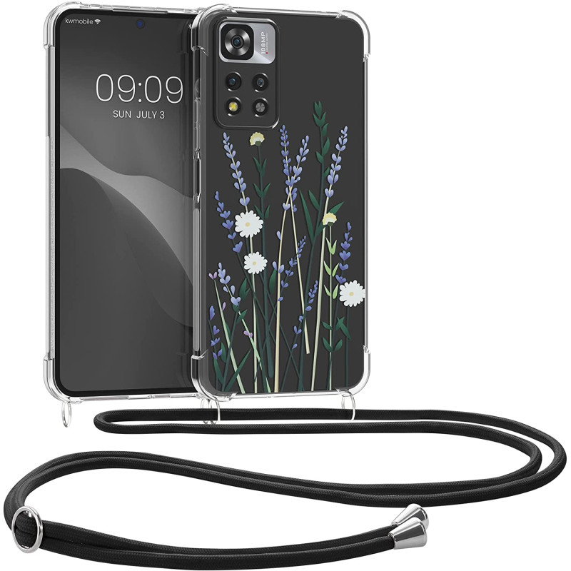 KW Xiaomi Redmi Note 11 Pro+ 5G Θήκη Σιλικόνης TPU με Λουράκι Design Flower Straws - Lavender / Green / Διάφανη - 58101.04