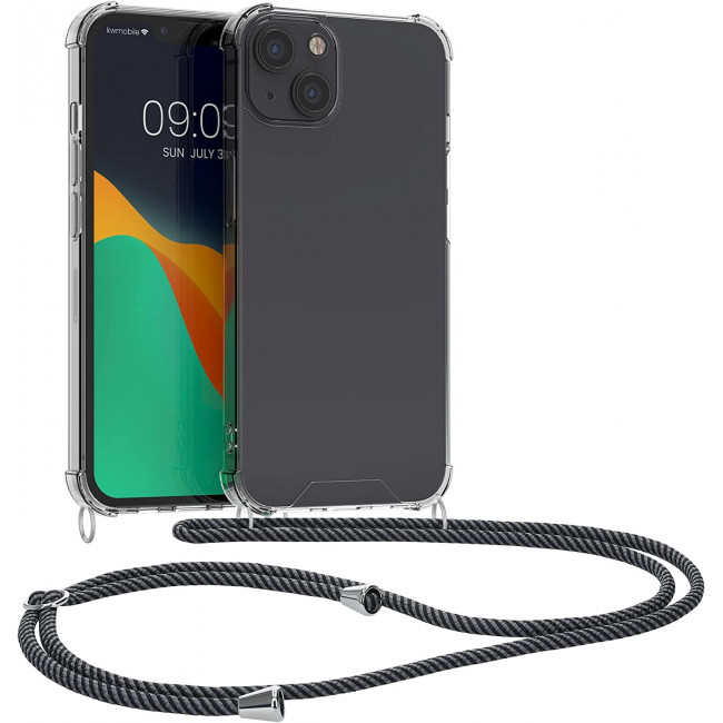 KW iPhone 13 Θήκη Σιλικόνης TPU με Λουράκι - Διάφανη / Anthracite Black - 55949.73