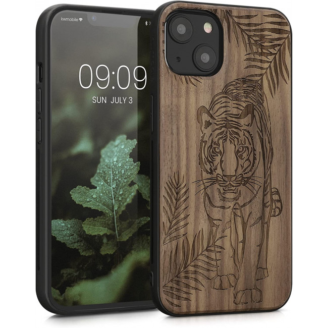 KW iPhone 13 Θήκη από Φυσικό Ξύλο - Design Tiger Palm Trees - Dark Brown - 55953.12