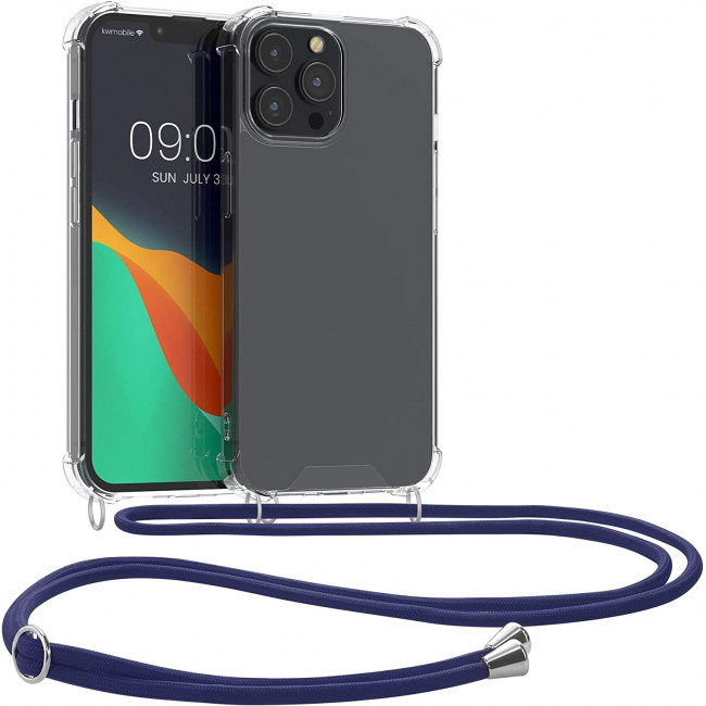 KW iPhone 13 Pro Max Θήκη Σιλικόνης TPU με Λουράκι - Διάφανη / Blue - 55976.04