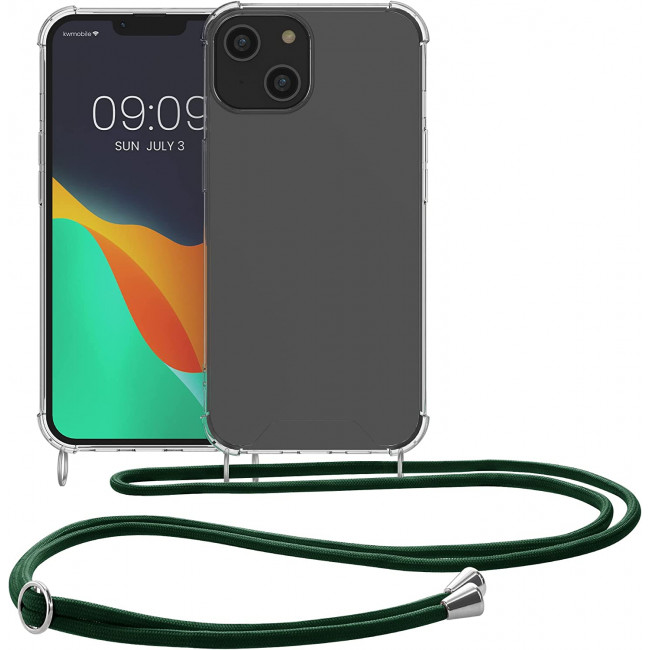 KW iPhone 14 Θήκη Σιλικόνης TPU με Λουράκι - Διάφανη / Dark Green - 59108.80