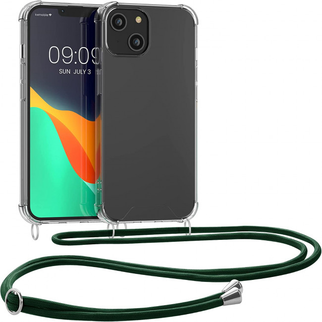 KW iPhone 14 Θήκη Σιλικόνης TPU με Λουράκι - Διάφανη / Dark Green - 59108.80