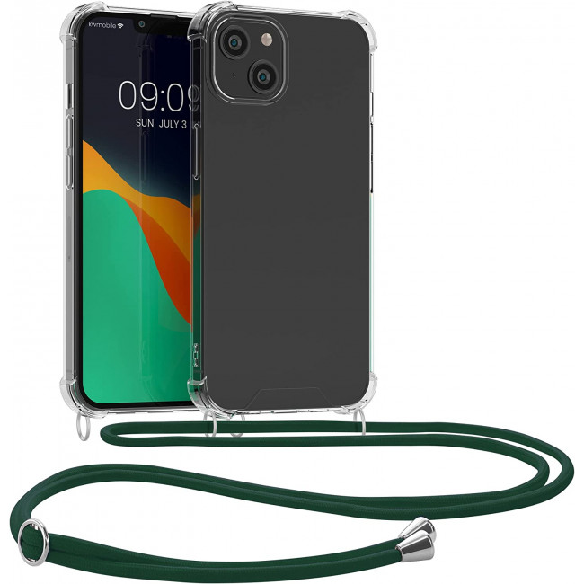 KW iPhone 14 Plus Θήκη Σιλικόνης TPU με Λουράκι - Διάφανη / Dark Green - 59109.80