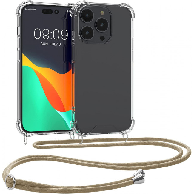 KW iPhone 14 Pro Θήκη Σιλικόνης TPU με Λουράκι - Διάφανη / Gold - 59110.21