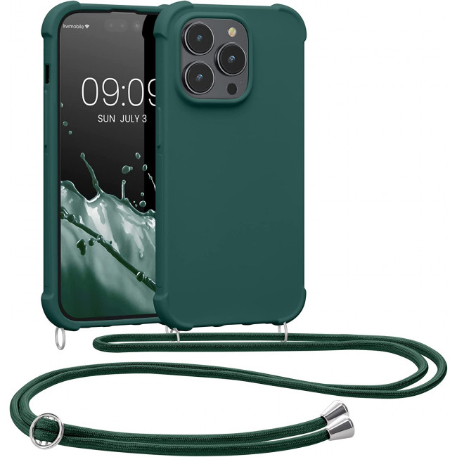 KW iPhone 14 Pro Θήκη Σιλικόνης TPU με Λουράκι - Dark Green - 59118.80