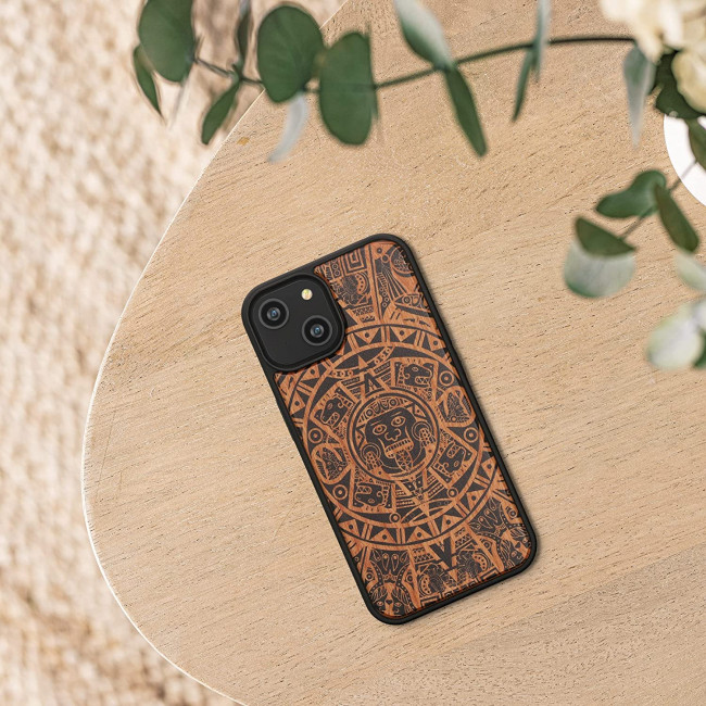 KW iPhone 14 Θήκη από Φυσικό Ξύλο Design Mayan Calendar - Brown / Black - 59124.02