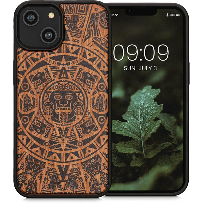 KW iPhone 14 Θήκη από Φυσικό Ξύλο Design Mayan Calendar - Brown / Black - 59124.02