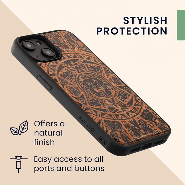 KW iPhone 14 Θήκη από Φυσικό Ξύλο Design Mayan Calendar - Brown / Black - 59124.02