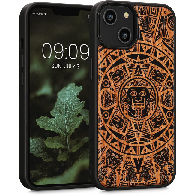 KW iPhone 14 Θήκη από Φυσικό Ξύλο Design Mayan Calendar - Brown / Black - 59124.02