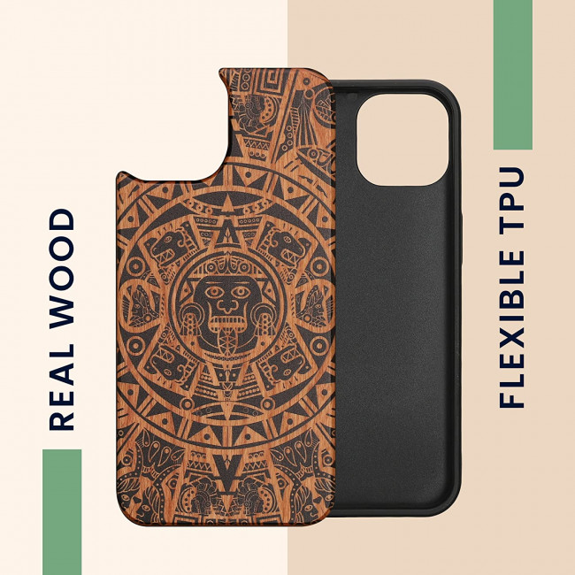 KW iPhone 14 Θήκη από Φυσικό Ξύλο Design Mayan Calendar - Brown / Black - 59124.02