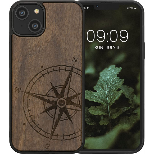 KW iPhone 14 Plus Θήκη από Φυσικό Ξύλο Design Navigational Compass - Dark Brown - 59125.01