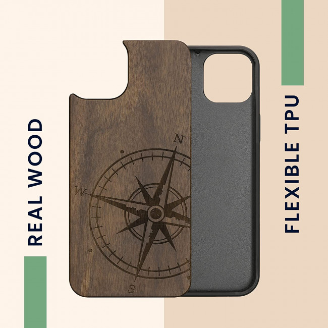 KW iPhone 14 Plus Θήκη από Φυσικό Ξύλο Design Navigational Compass - Dark Brown - 59125.01