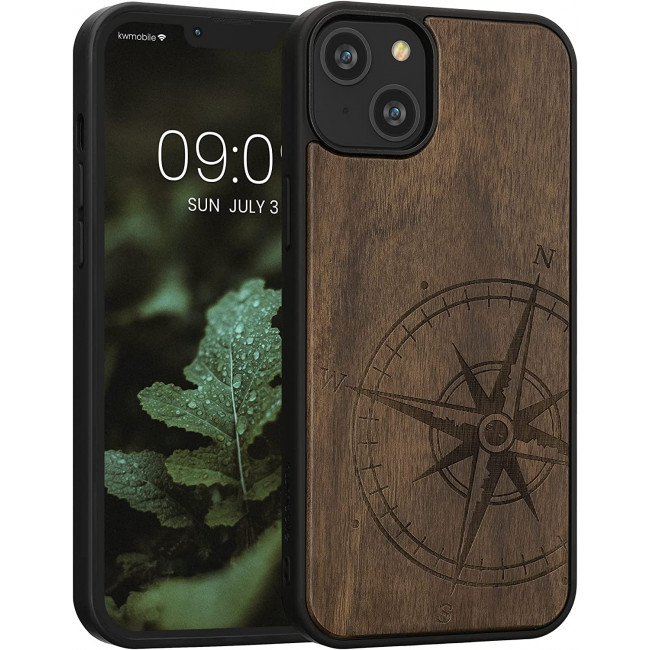 KW iPhone 14 Plus Θήκη από Φυσικό Ξύλο Design Navigational Compass - Dark Brown - 59125.01