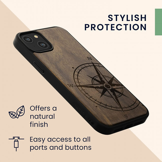 KW iPhone 14 Plus Θήκη από Φυσικό Ξύλο Design Navigational Compass - Dark Brown - 59125.01